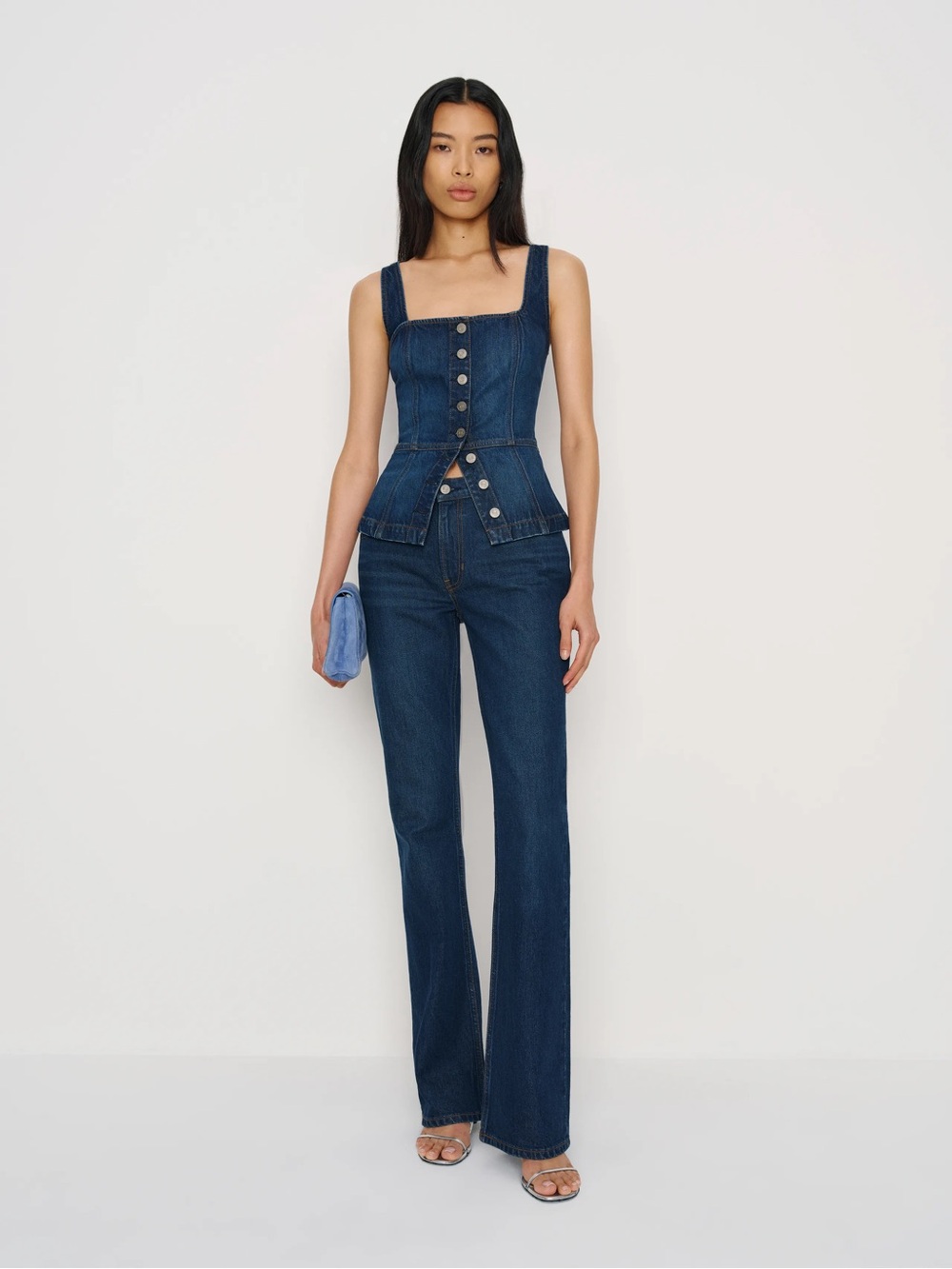 Reformation Blue Denim Button-Front Square Neck Wide Strap Tank Top XS